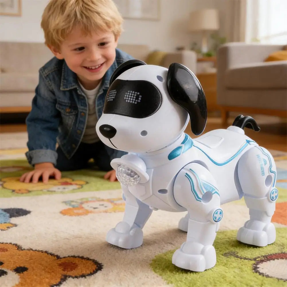 Perro robot blanco y negro con luces en el pecho, con patas mecánicas y rueda.