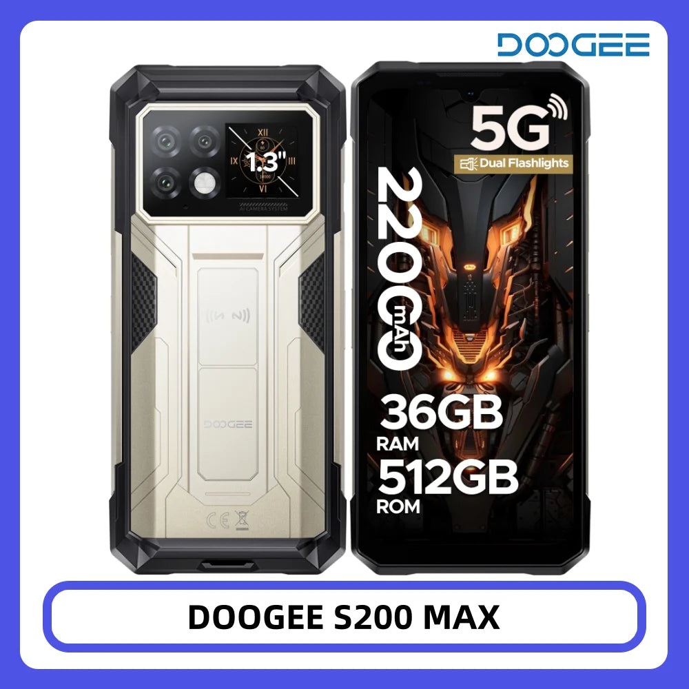 Smartphone rugerizado DOOGEE S200 Max 36GB+512GB 22000mAh 66W Doble linterna LED Pantalla trasera de 1.32" Dimensity 7050 108MP NFC