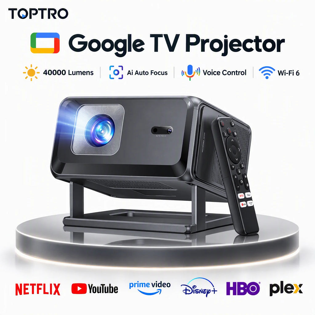 Proyector Toptro 4K Full HD 1080P con Wi-Fi 6, enfoque automático, portátil, compatible con Google TV, ideal para un cine en casa inteligente y para uso en exteriores.