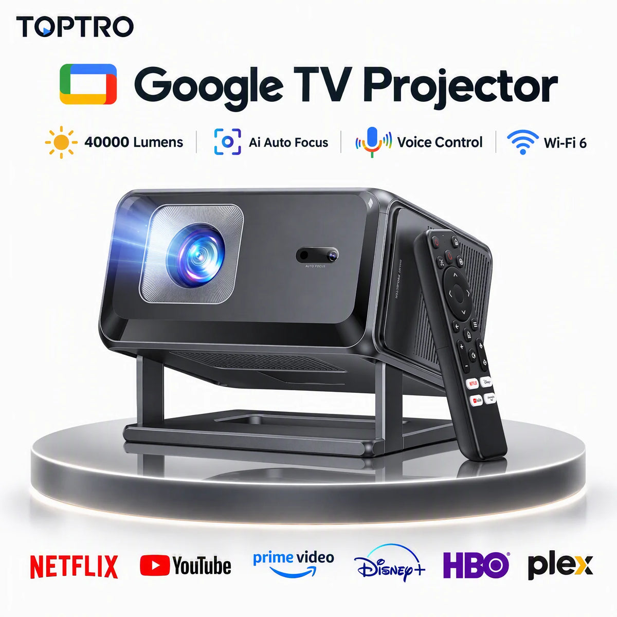 Proyector Toptro 4K Full HD 1080P con Wi-Fi 6, enfoque automático, portátil, compatible con Google TV, ideal para un cine en casa inteligente y para uso en exteriores.