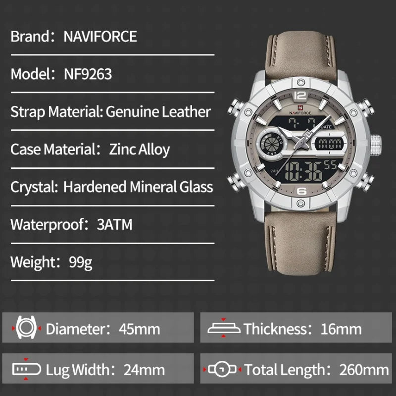 Reloj impermeable NAVIFORCE NF9263 con pantalla luminosa, correa de cuero auténtico, cronógrafo multifunción, temporizador de cuenta regresiva y alarma NF9263