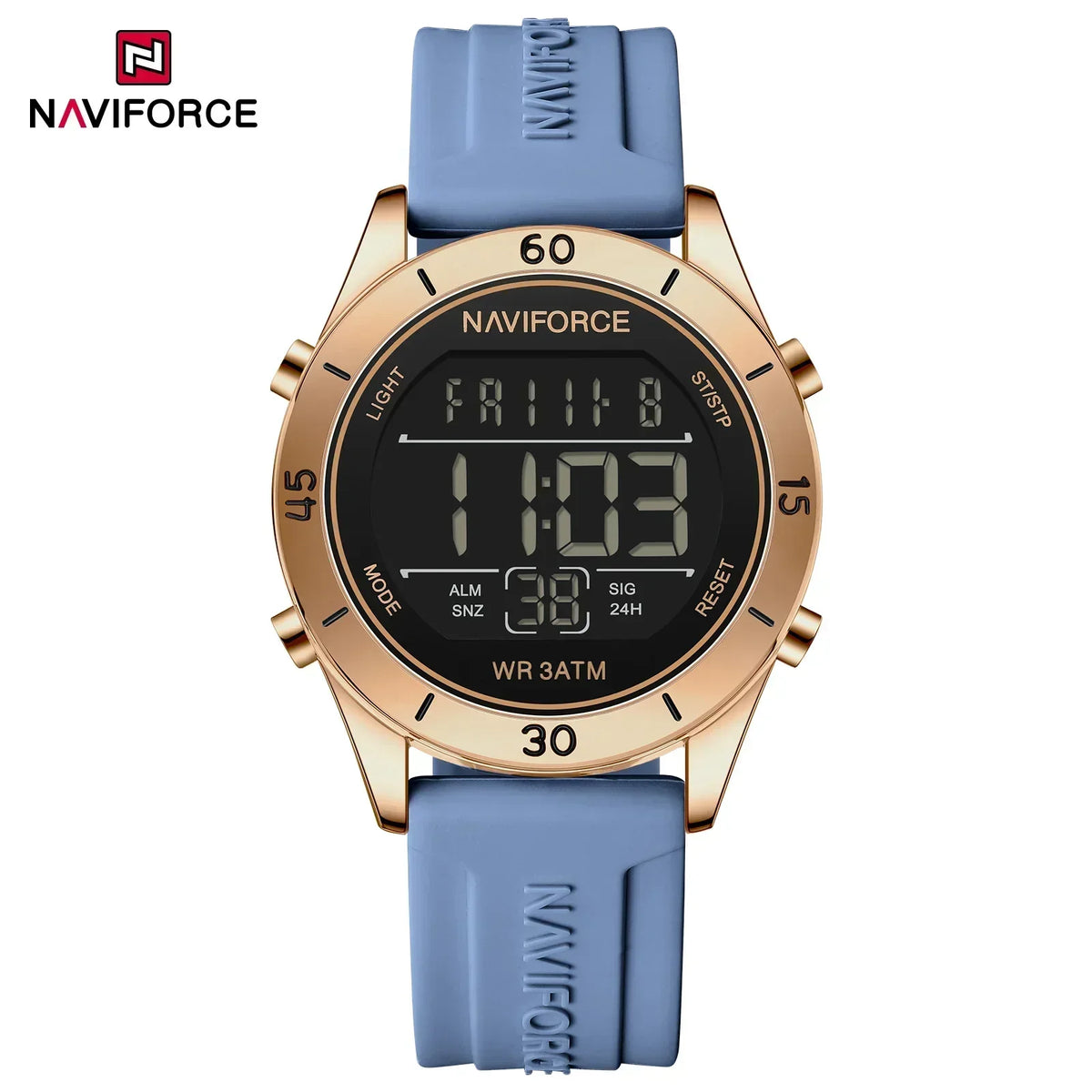Reloj digital electrónico de moda para mujer NAVIFORCE con cronógrafo LED, luminoso, resistente al agua 5ATM y correa de silicona deportiva