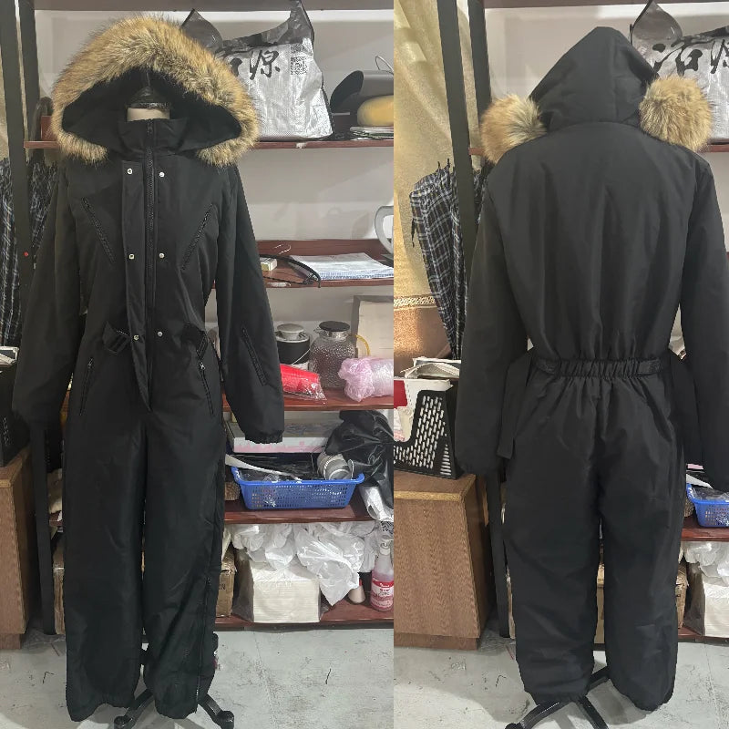 Elegante mono de esquí para mujer con capucha de piel, cremalleras gruesas y cintura ajustable, mono de esquí cálido para mujer, otoño-invierno 2026, nuevo.