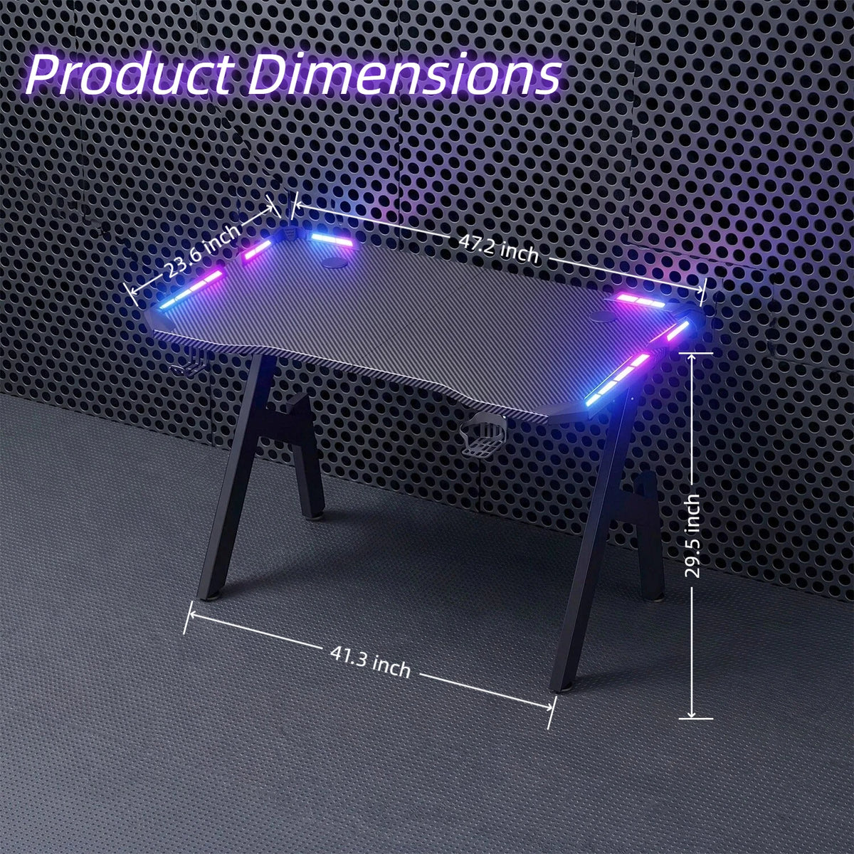Escritorio gamer con medidas: 47.2" x 41.3" y altura 28.5"