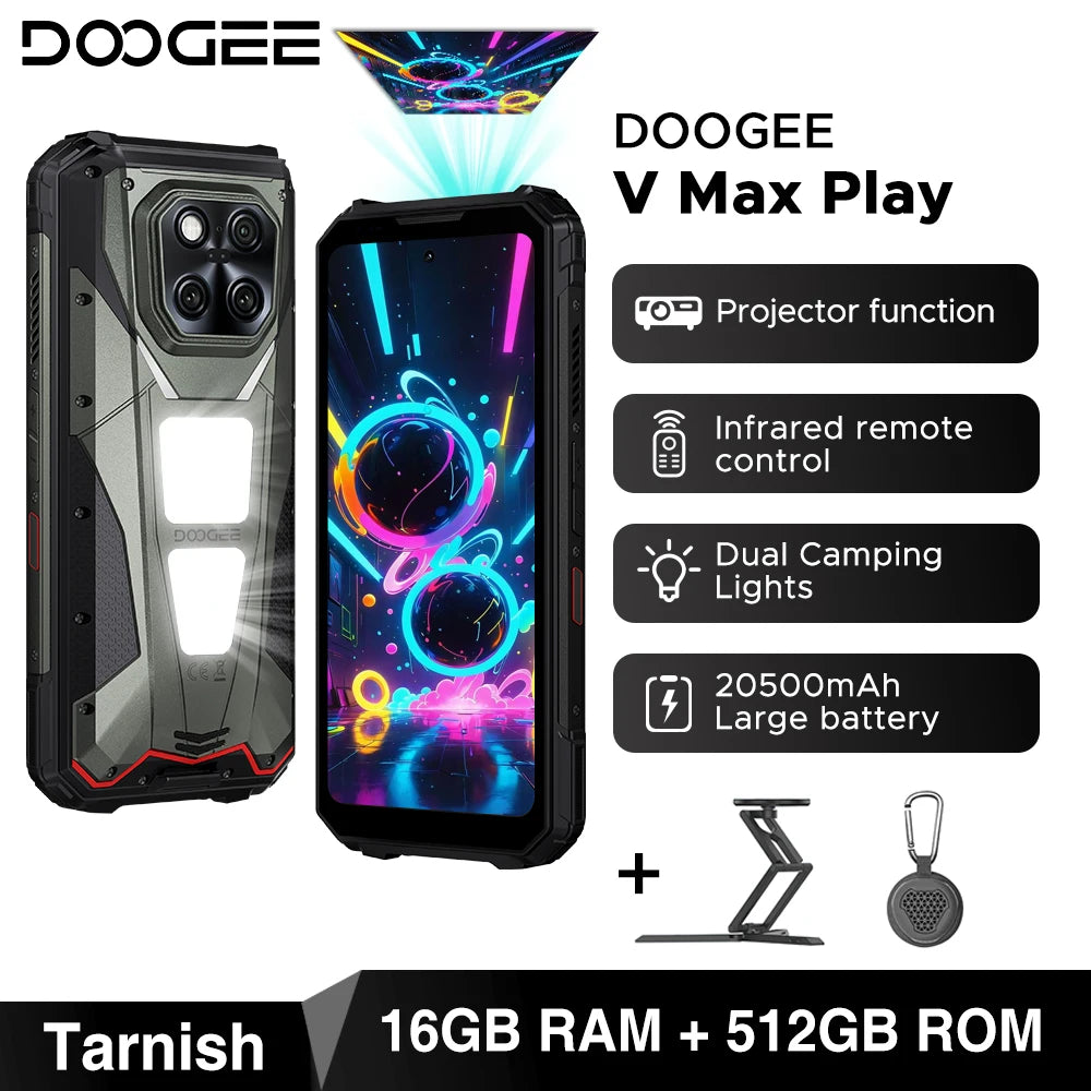 Estreno mundial del smartphone ultra resistente DOOGEE V Max Play 5G con proyector, 20500mAh, luces de camping duales, Dimensity 7300, 16GB+512GB y NFC