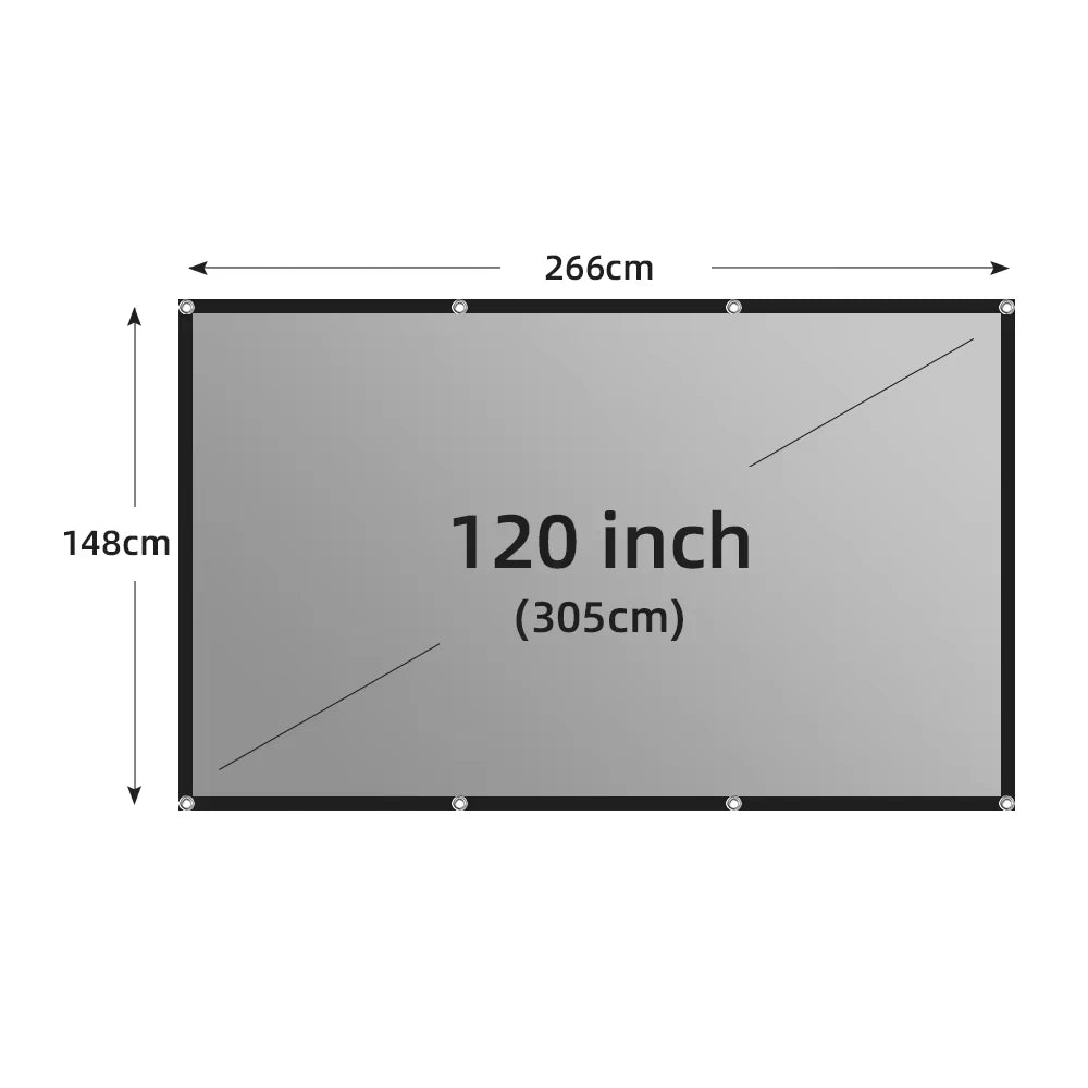 Pantalla de proyección portátil gris, borde negro y ojales, 120 pulgadas (305 cm).