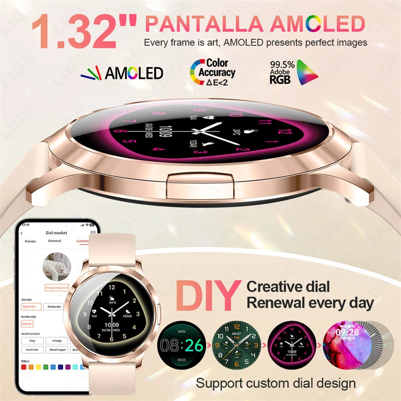 Reloj inteligente LIGE 2025 con pantalla AMOLED ultrafina, pulsera deportiva de fitness para mujer, esfera de reloj personalizada, llamada Bluetooth, reloj inteligente de lujo