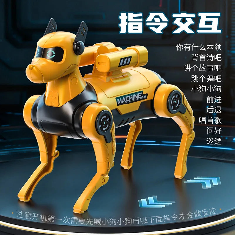 Perro robot amarillo con cuerpo negro y patas articuladas, diseño tipo mascota