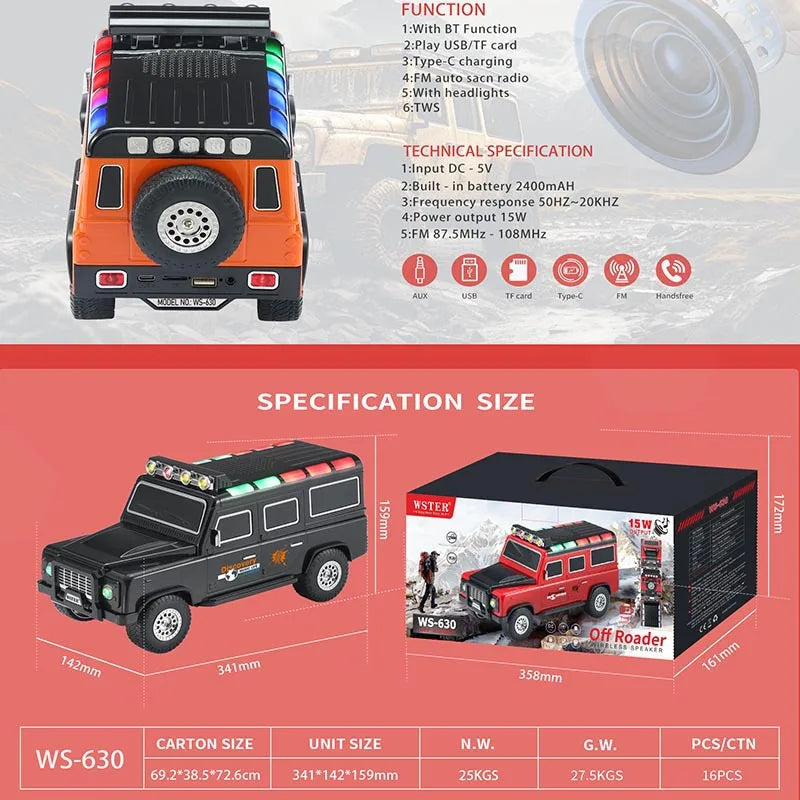 15W Car Shape Wireless Bluetooth Speaker WS-630 Desktop Computer Subwoofer with FM Radio USB/TF Card TWS Pairing LED Headlight
