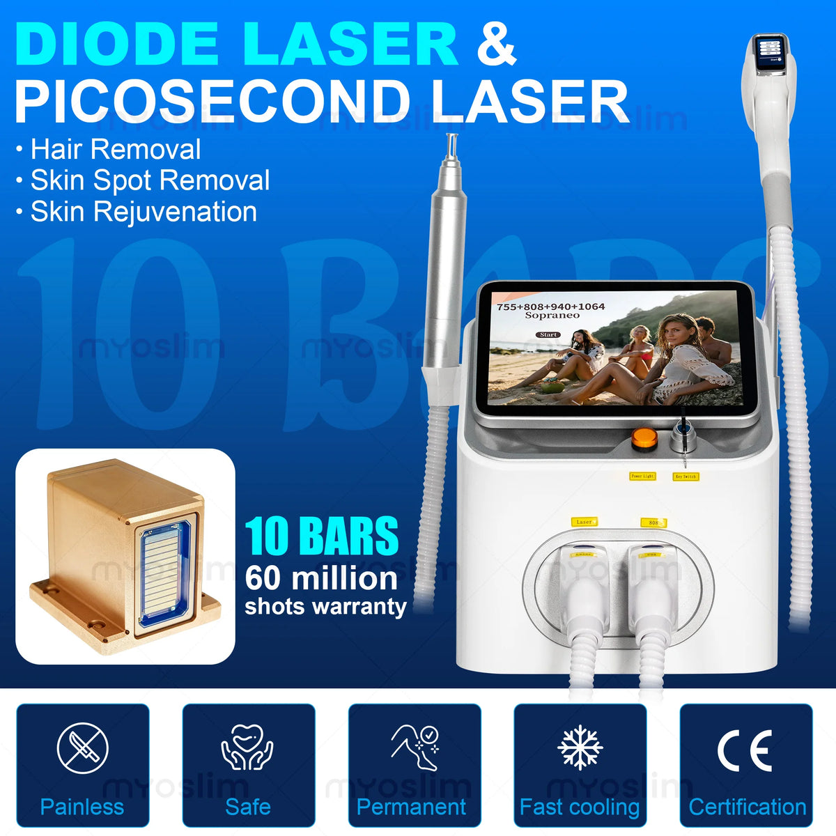 Máquina de Depilación Profesional 2 en 1 de 6 Ondas, Diodo 5000W, 10 Barras, Picosegundos Qswitch ND YAG 1064NM, Máquina de Eliminación de Tatuajes