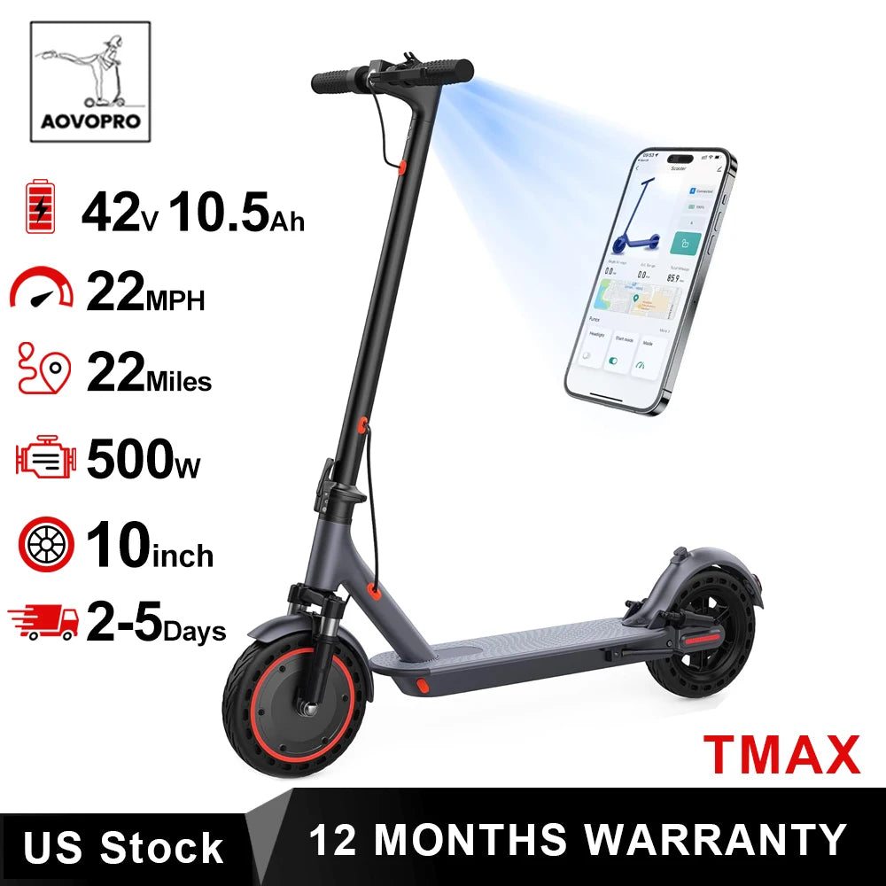 Patinete eléctrico plegable negro con manillar y rueda delantera de 10 pulgadas