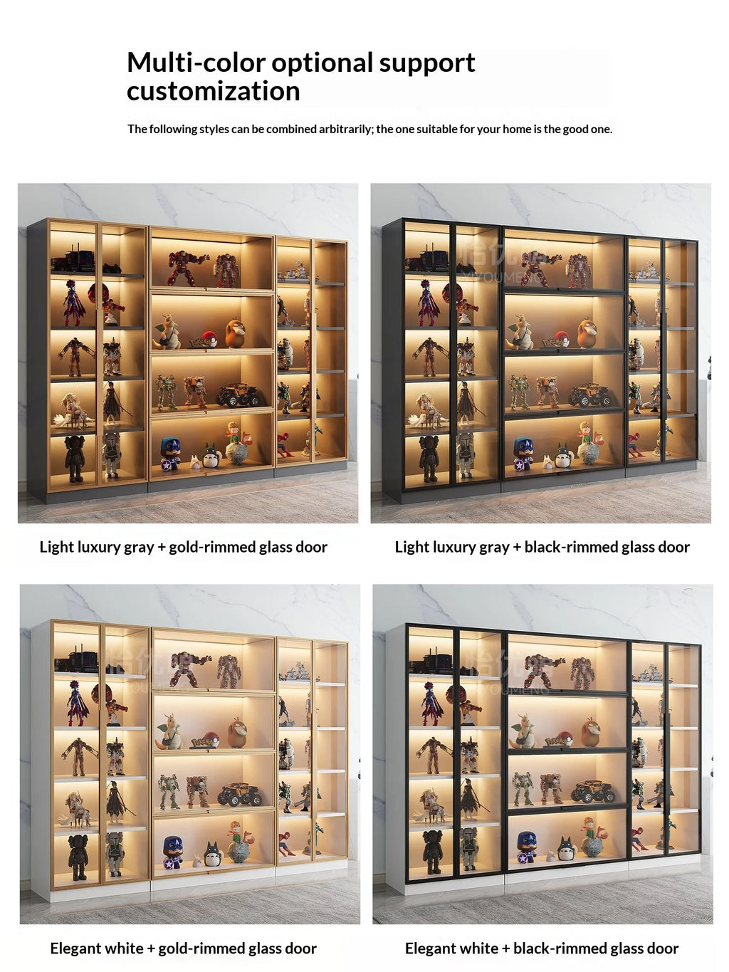 Customizable Figure Display Cabinet Tempered Glass Door LED Light Large Capacity Layered Storage Aluminum Frame Eco Living