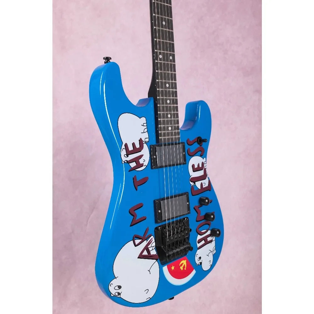 Guitarra eléctrica Morello de 6 cuerdas, color azul metálico, con diapasón de palisandro, puente Floyd Rose, mástil de arce y pastillas HH.
