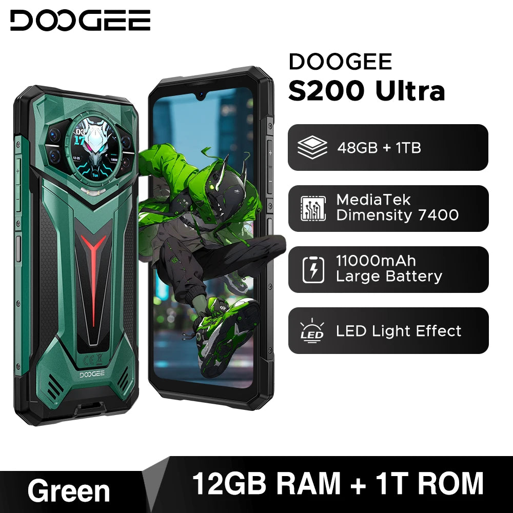 Teléfono rugerizado DOOGEE S200 Ultra 5G 48GB+1TB Dimensity 7400, batería de 11000mAh, 66W, pantalla FHD+ de 6.72” a 120Hz, luz de notificación, NFC, smartphone