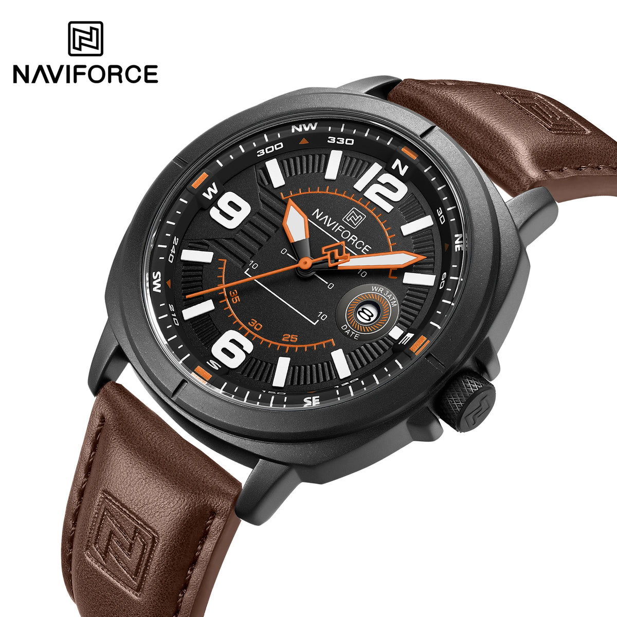 NAVIFORCE 8078 Men's Quartz Watch Luminous Calendar Casual Sports Wristwatch Waterproof with Soft Leather Strap for Daily Wear