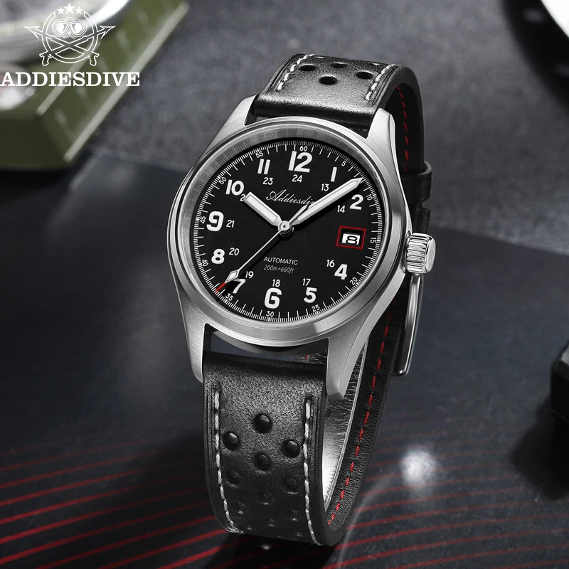 Reloj automático para hombre ADDIESDIVE NH35, reloj de lujo con cristal de zafiro, correa de cuero o acero inoxidable, luminiscencia BGW9 y resistencia al agua de 200 m