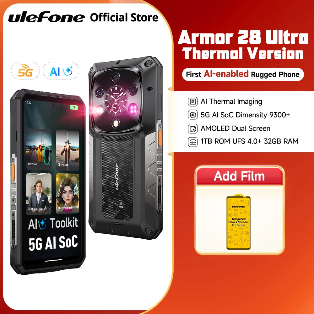 Teléfono resistente Ulefone Armor 28 Ultra 5G con cámara térmica, procesador MTK Dimensity 9300+, pantalla AMOLED, smartphone Android con 1 TB de ROM