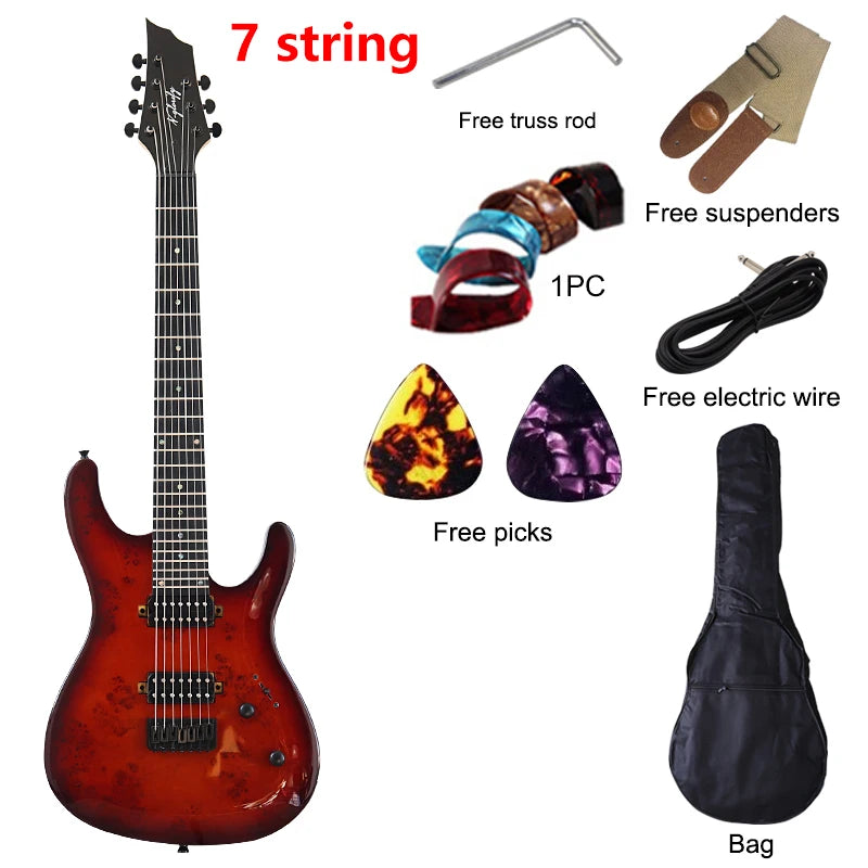 Guitarra Eléctrica de 7 y 8 Cuerdas, 39 Pulgadas, Tapa de Madera de Okoume, Cuerpo de Madera de Okoume, Mástil de Arce Canadiense, Acabado Brillante, Alta Calidad, Rojo y Azul