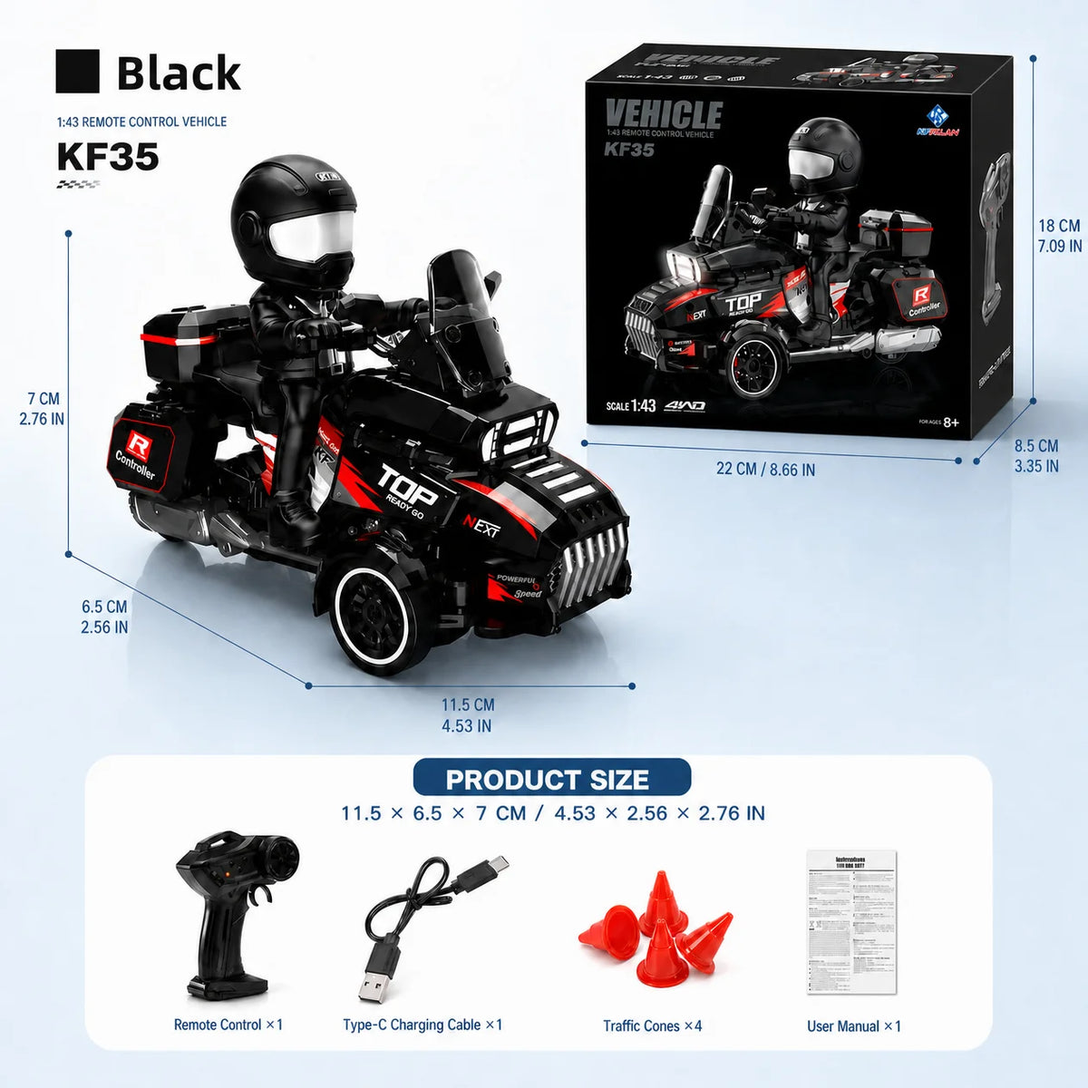 Motocicleta de drift de 3 ruedas a escala 1:43, coche de carreras con control remoto de 2.4 GHz, modelo de carreras de escritorio y coleccionable decorativo, USB-C