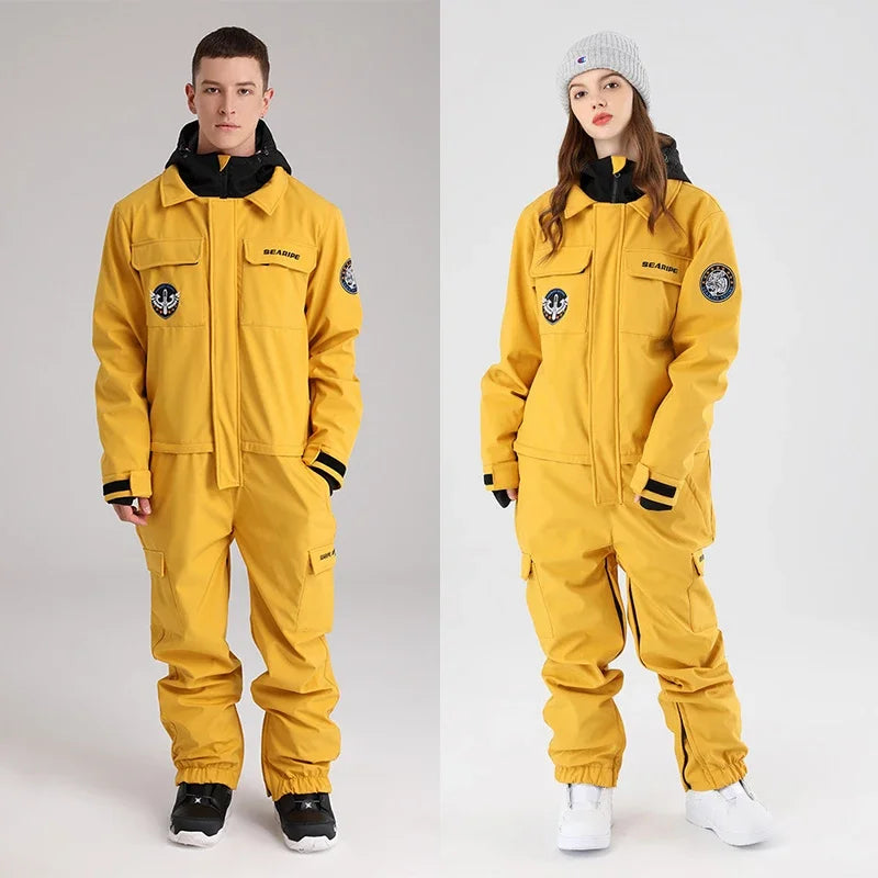 Traje de esquí de una pieza para hombre y mujer, chaqueta cálida para snowboard al aire libre, conjuntos de esquí impermeables con capucha, novedad de invierno, 2025