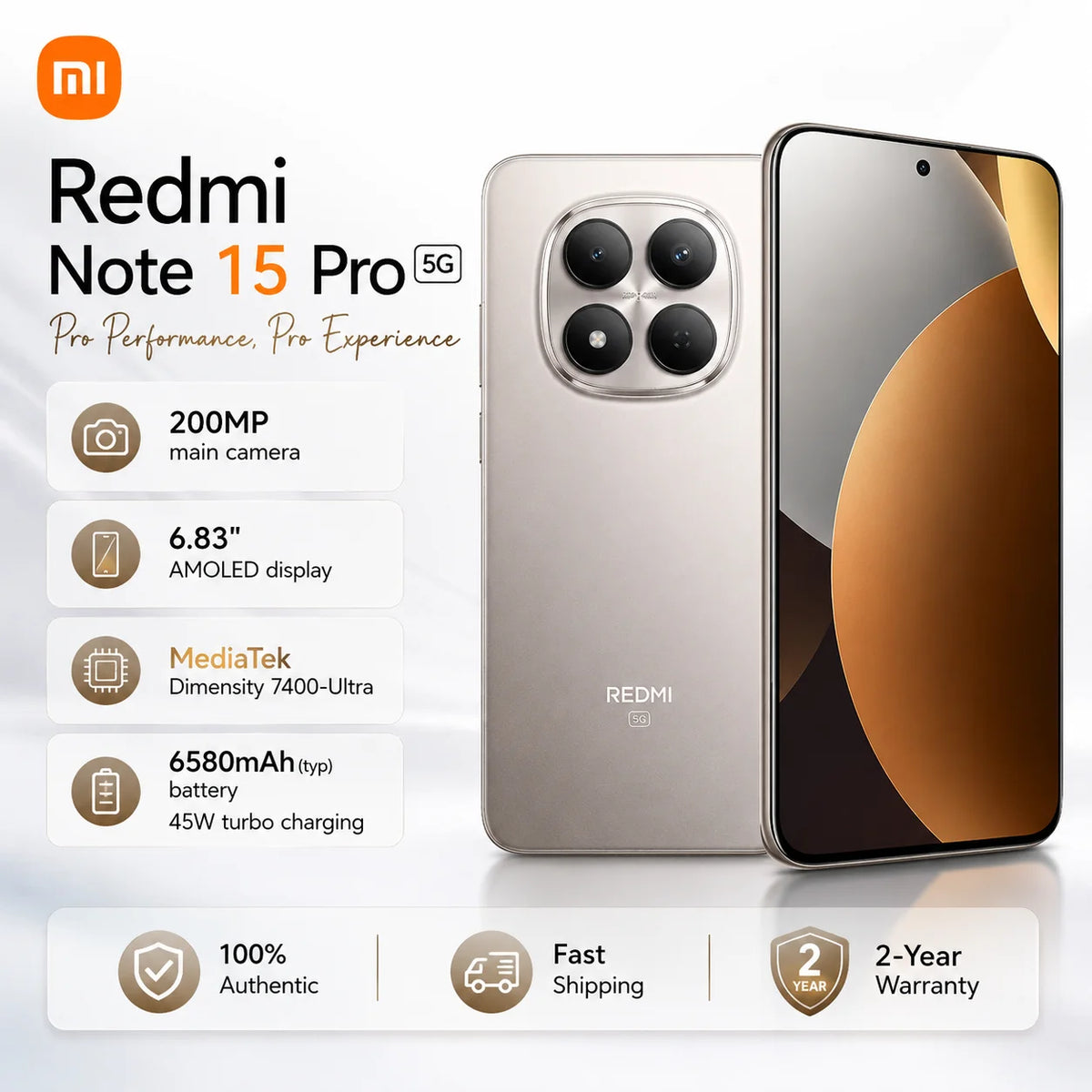 Smartphone Xiaomi REDMI Note 15 Pro 5G Versión Global MTK Dimensity 7400-Ultra 6,83" Cámara trasera de 200MP, cámara frontal de 20MP, 120Hz, 6580mAh, carga rápida de 45W