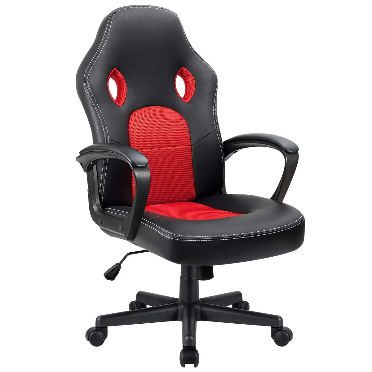 Silla gamer ajustable con respaldo alto y asiento acolchado negro y rojo, base giratoria