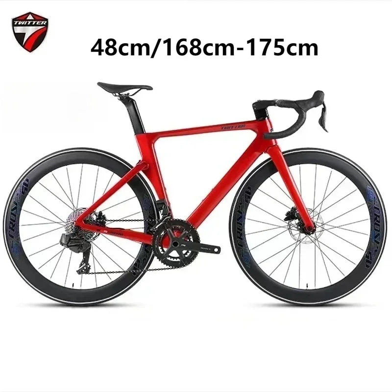 Bicicleta de carretera de fibra de carbono TWITTER T800, enlace Bluetooth, cambio electrónico de 24 velocidades, frenos de disco hidráulicos, bicicleta de carreras aerodinámica