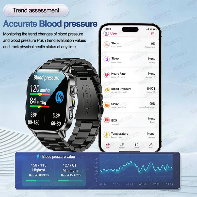 Nuevo reloj inteligente para hombres con diagnóstico de salud preciso ECG, presión arterial, oxígeno en sangre, grasa en sangre, ácido úrico, temperatura y llamadas Bluetooth