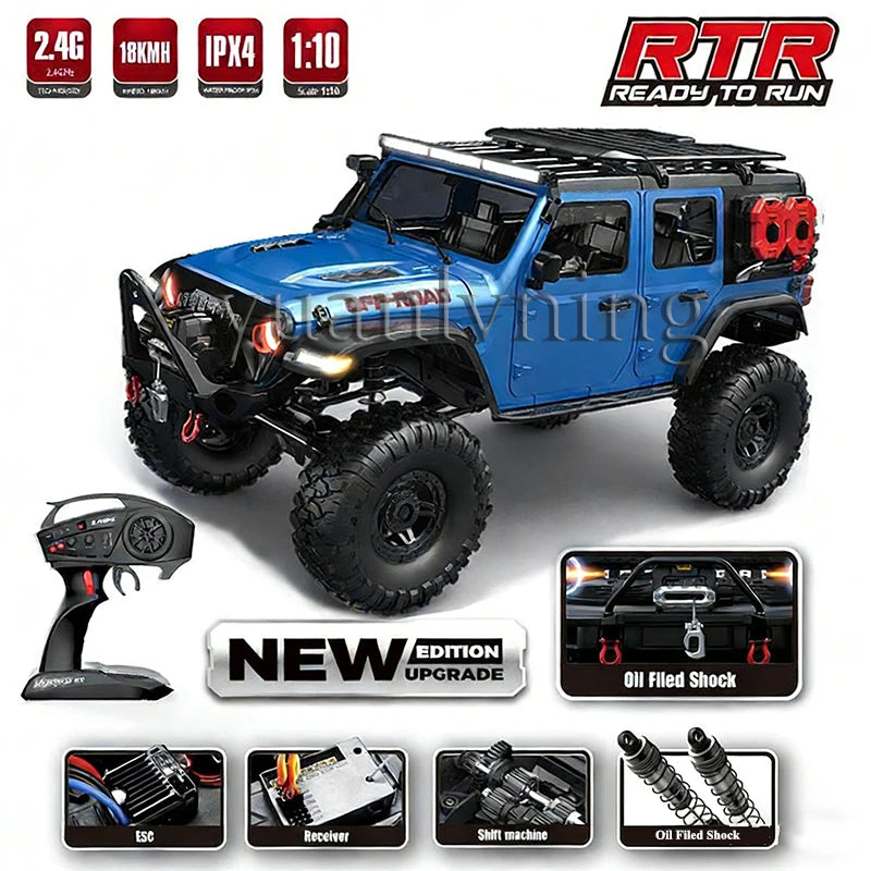 Coche RC 1/10 vehículo a control remoto 2.4G rock crawler de escala completa, camión todoterreno 4WD para escalar con luz LED