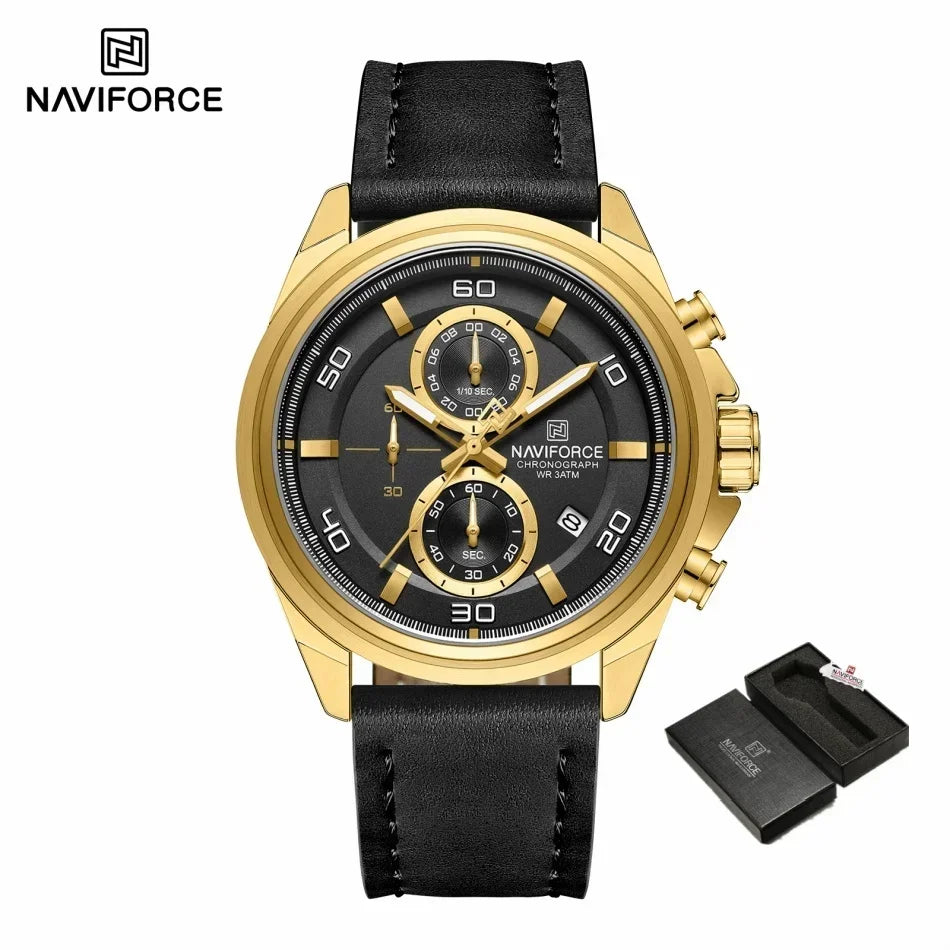 Reloj de pulsera para hombre NAVIFORCE, original, de negocios, de lujo, con correa de cuero, cronógrafo deportivo, resistente al agua 3ATM, de cuarzo