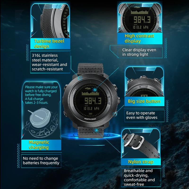 Reloj de buceo libre NORTH EDGE APACHE-D, nuevo, para deportes al aire libre, reloj para hombre con altímetro, barómetro, brújula y resistencia al agua de 10ATM