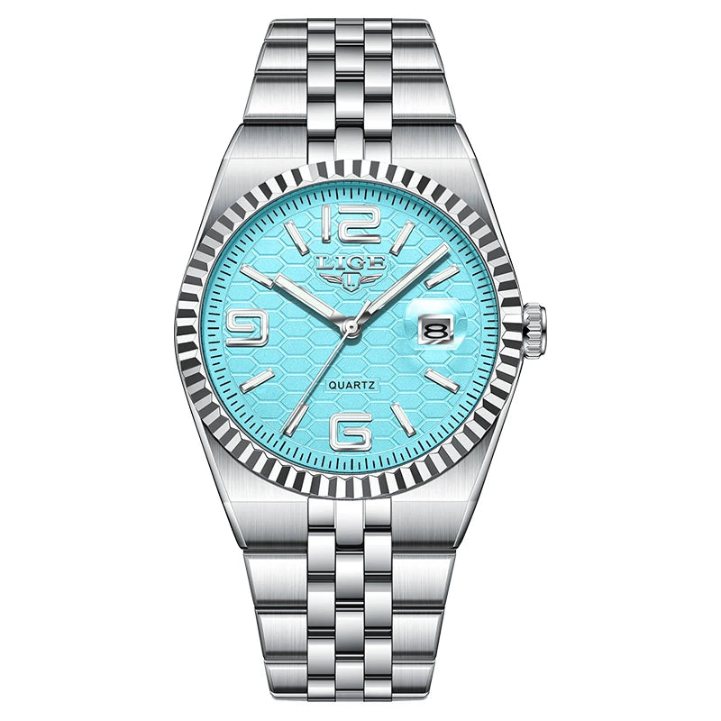 Reloj de pulsera de cuarzo LIGE para hombre, esfera de panal color azul Tiffany, luminoso, resistente al agua 3ATM, reloj de negocios para hombre