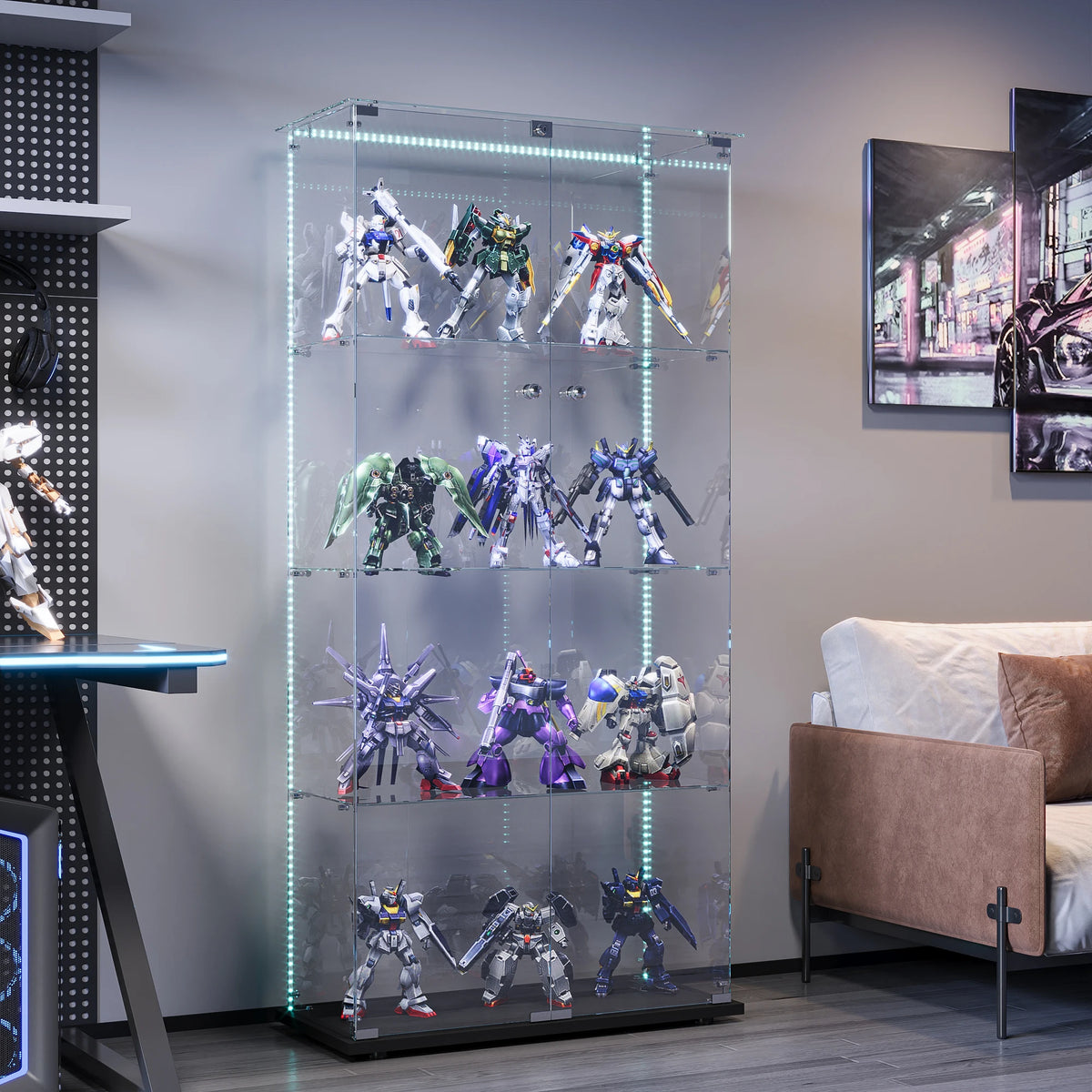 Vitrina de cristal con luces LED, vitrina de exhibición con 4 estantes de cristal y puertas con cerradura, vitrina moderna para coleccionables, libros, figuras, sala de estar, 163 X 80.6 X 36.5 CM
