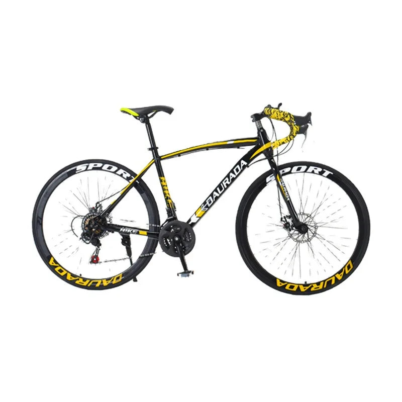 Bicicleta de carretera de 27.5 pulgadas con doble freno de disco, cuadro de acero al carbono, llanta de 40 mm, 21 velocidades, vehículo de carreras resistente con neumáticos de alta fricción.