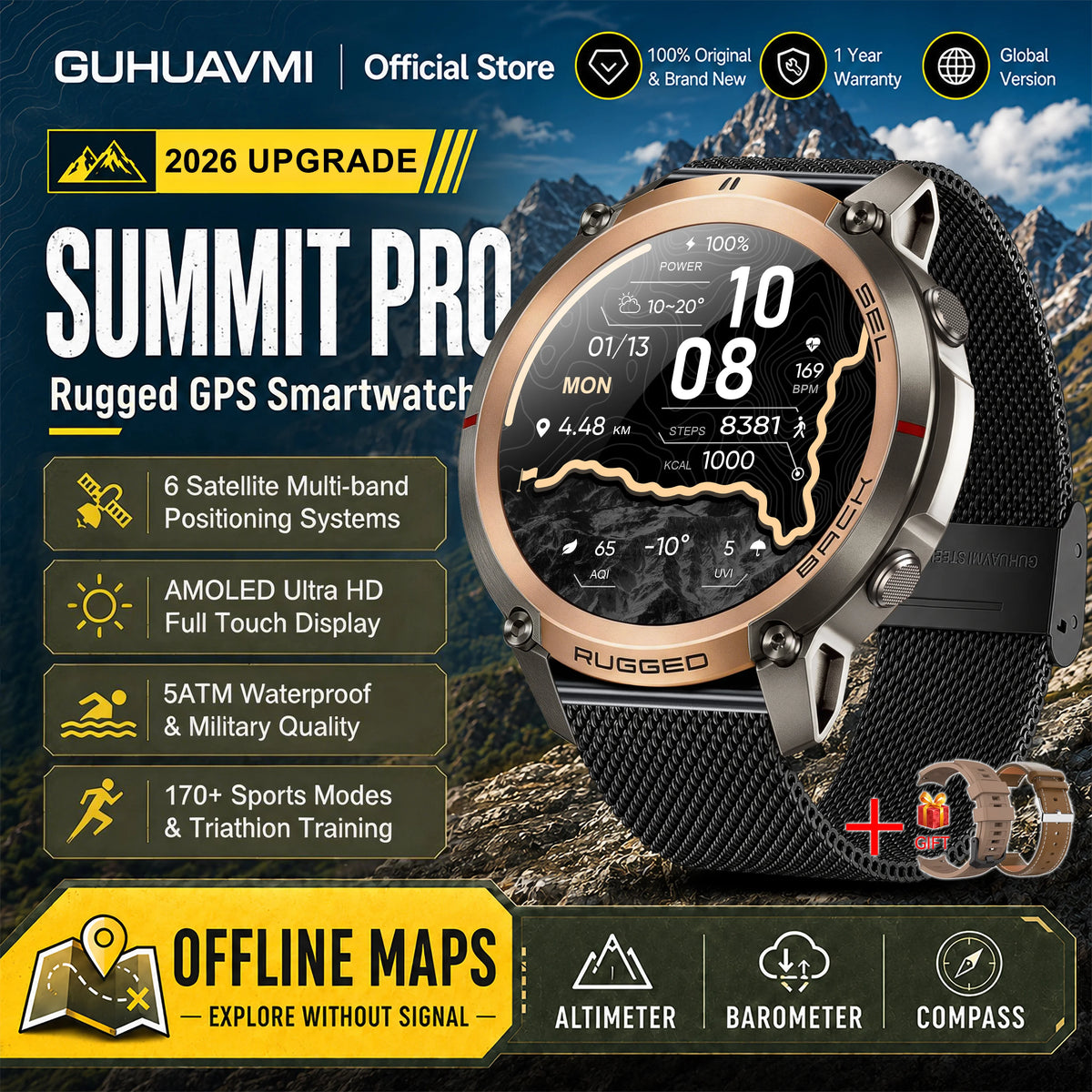 Reloj Inteligente GPS con Mapa Satelital Militar 2026, para Hombre, Pantalla AMOLED de 1.43'', Llamadas Bluetooth, Brújula, Resistente al Agua 5ATM, 170+ Deportes