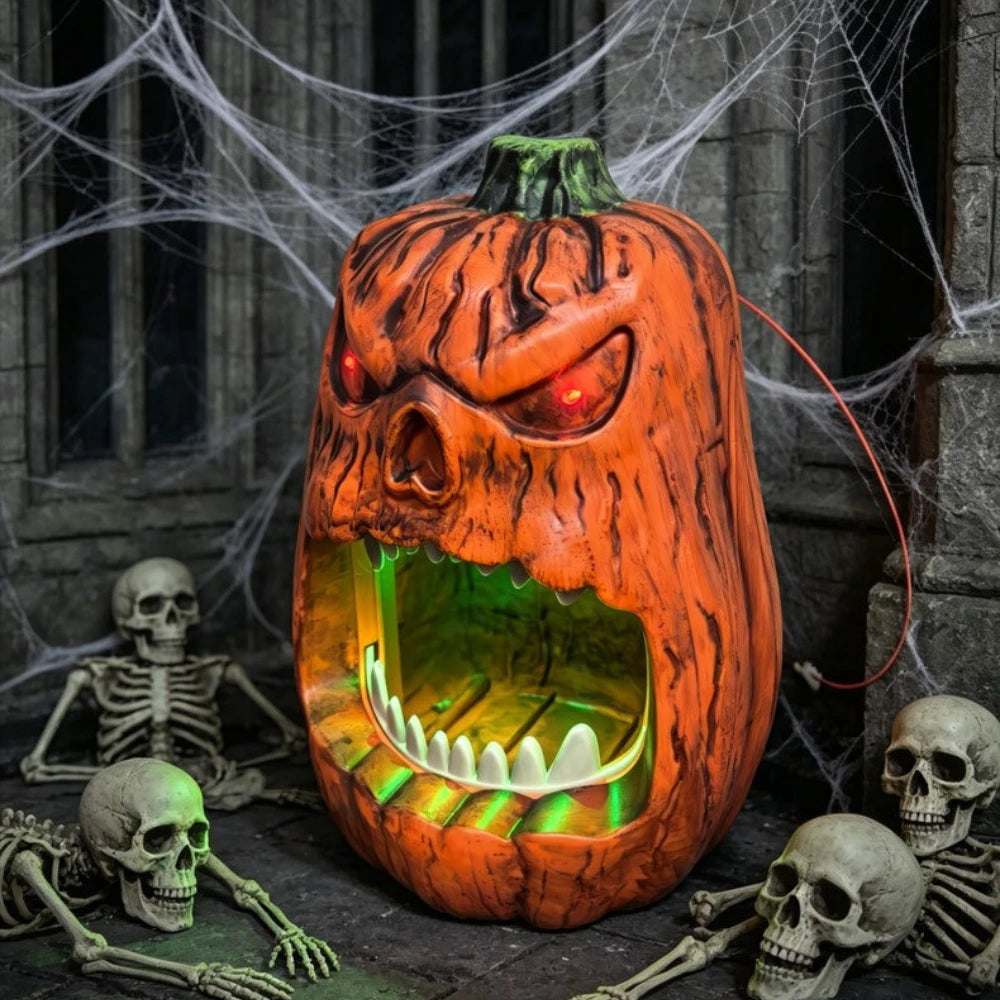 Caja de almacenamiento de dulces de calabaza con cara de calavera de Halloween, adornos de calabaza luminosos activados por voz, decoraciones navideñas, cumpleaños