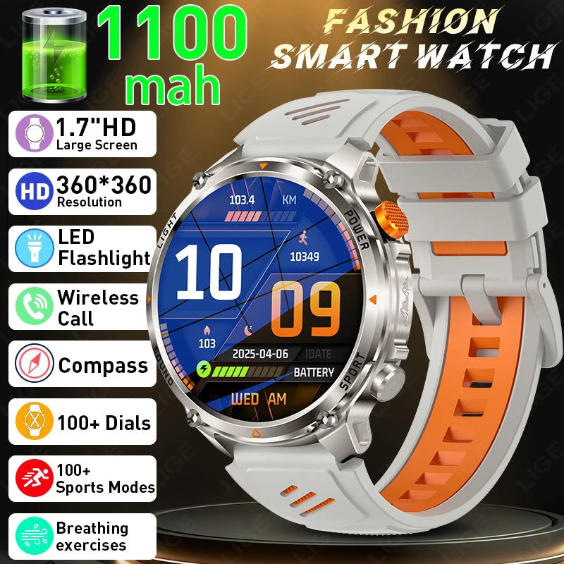 LIGE New Men Military Smart Watch Outdoor Compass 1100mAh Battery Flashlight 1.7"Display BT Call Waterproof Sports Smartwatches