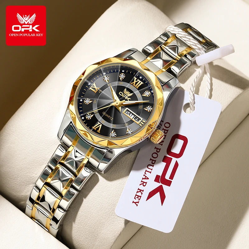 Reloj de mujer OLEVS 6023, reloj de pulsera de lujo para mujer, color dorado, con fecha y día, de acero inoxidable, resistente al agua, de cuarzo