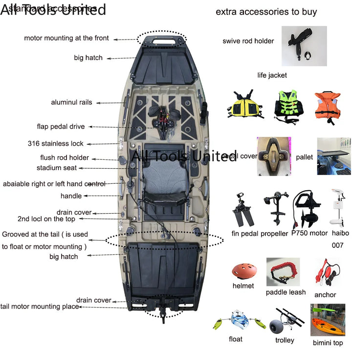 Kayak de Pesca Individual de HDPE Resistente, Certificado CE, 10 pies, Sistema de Propulsión a Pedal, Canoa Modular Motorizada para Uso en Ríos y Lagos