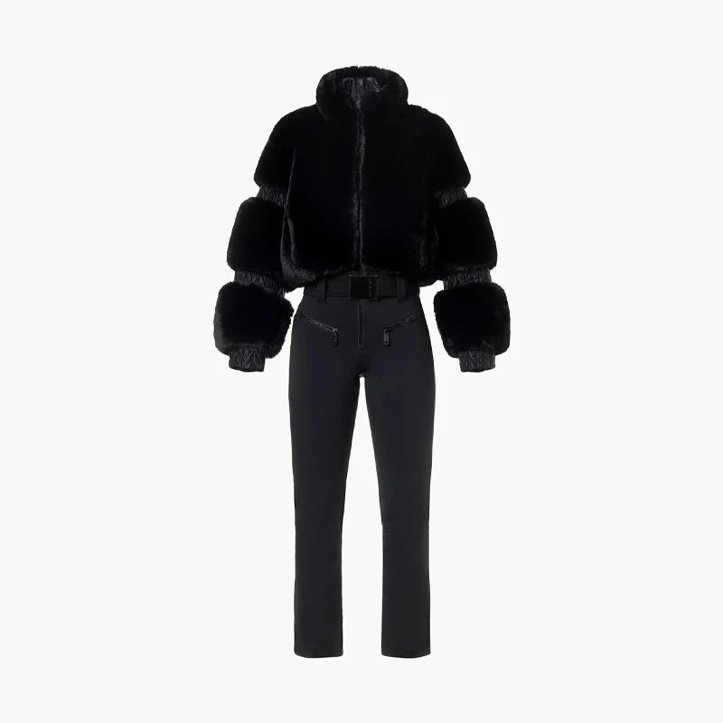 Traje de esquí de una pieza para mujer con parches de piel sintética, mono térmico de invierno para nieve, pantalones acampanados, cinturón, atuendo para snowboard, ropa de esquí para mujer.