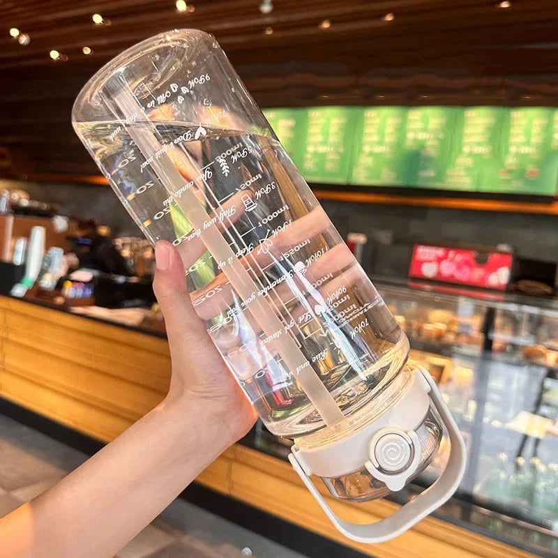 Botella de agua con pajita deportiva de 1,5/2 litros con báscula de tiempo, taza de agua de jugo frío de plástico para verano, botellas de viaje portátiles de gran capacidad