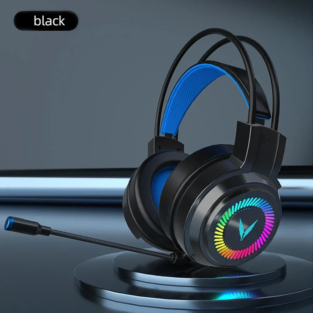 Auriculares gaming negros y azules con micrófono con cable y aro LED multicolor