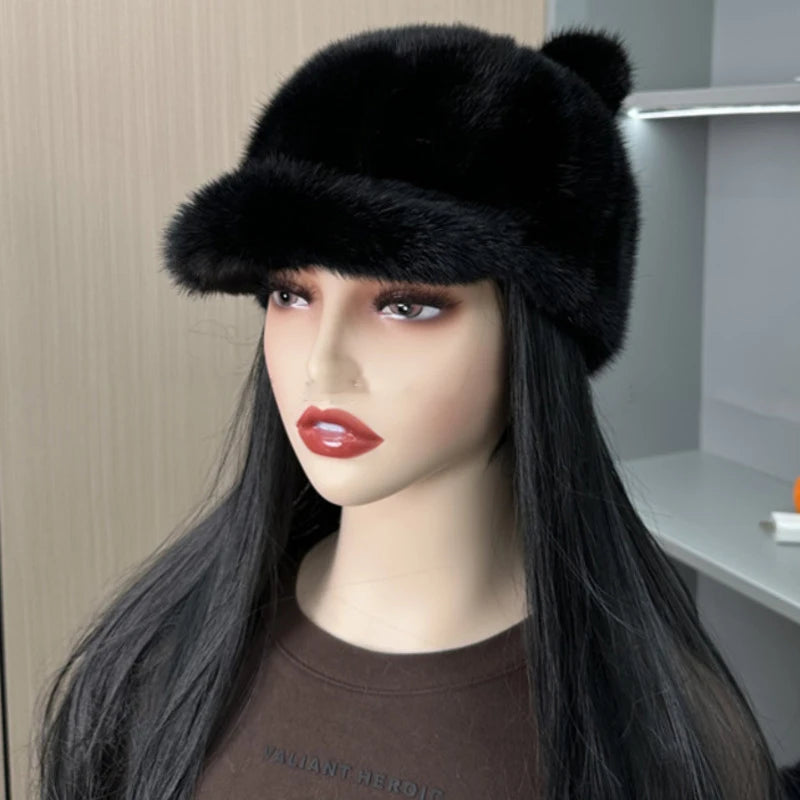 Gorro de piel de visón auténtica para invierno, gorro grueso y cálido con orejas de Panda, sombreros de caballero a la moda para mujer, sombrero de pico de pato de lujo, sombreros de piel de visón Natural