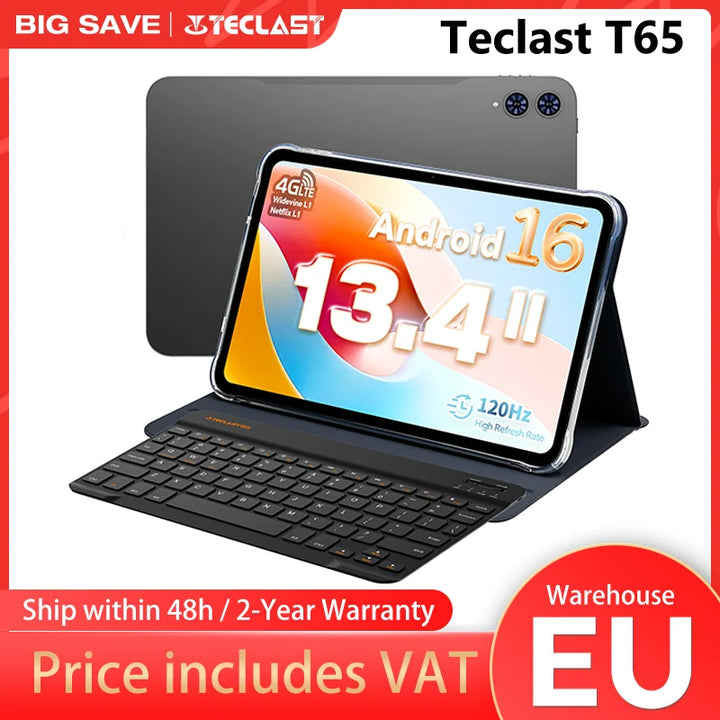 TECLAST T65 Tablet 13,4 Pulgadas Android 16 120 Hz Pantalla IPS FHD 1200P 4G LTE Unisoc T7280 Octa-Core 8 GB+12 GB 20 GB RAM 128 GB ROM 8000 mAh Widevine L1 Netflix Tablet con SIM Card WiFi Bluetooth 5.0 GMS Google Play GPS