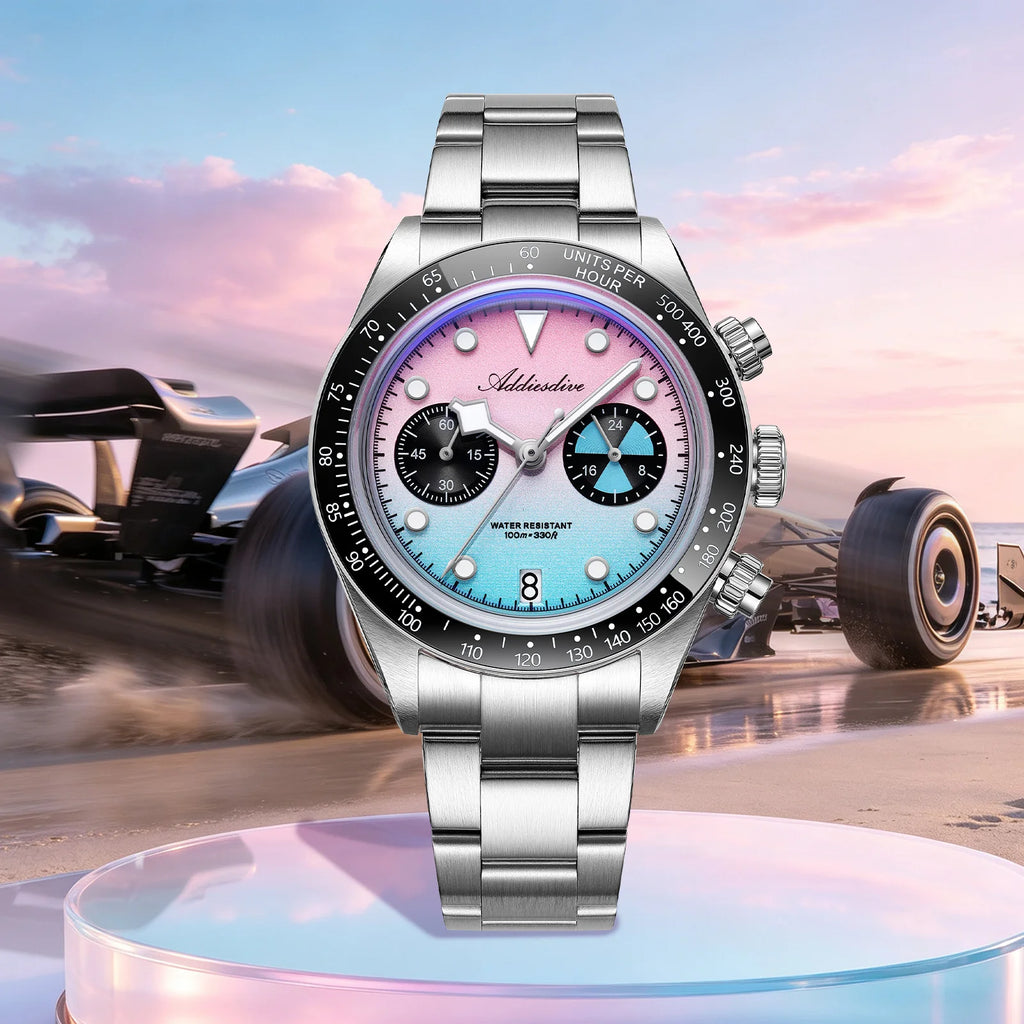 ADDIESDIVE AD2559 Male VK64 Quartz Watch Bubble Mirror Stainless Steel BGW9 Luminous 100m Waterproof Stainless Steel Men Watches
