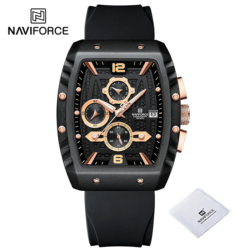 Reloj de cuarzo multifunción NAVIFORCE para hombre, deportivo, resistente al agua, con correa de silicona, calendario y cronógrafo, modelo NF8025