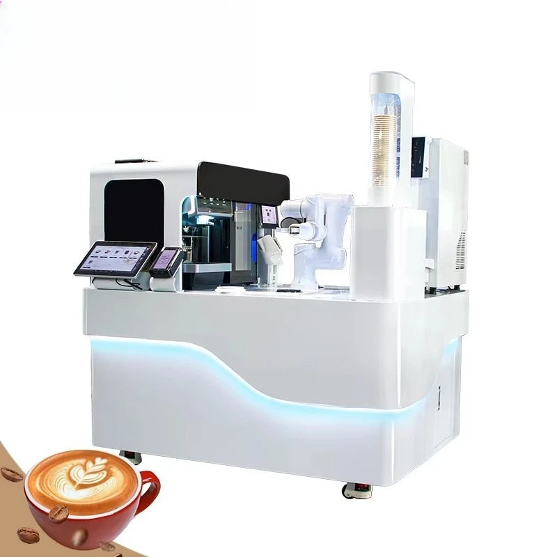 Máquina expendedora automática de café blanca con brazo robótico y bandeja.