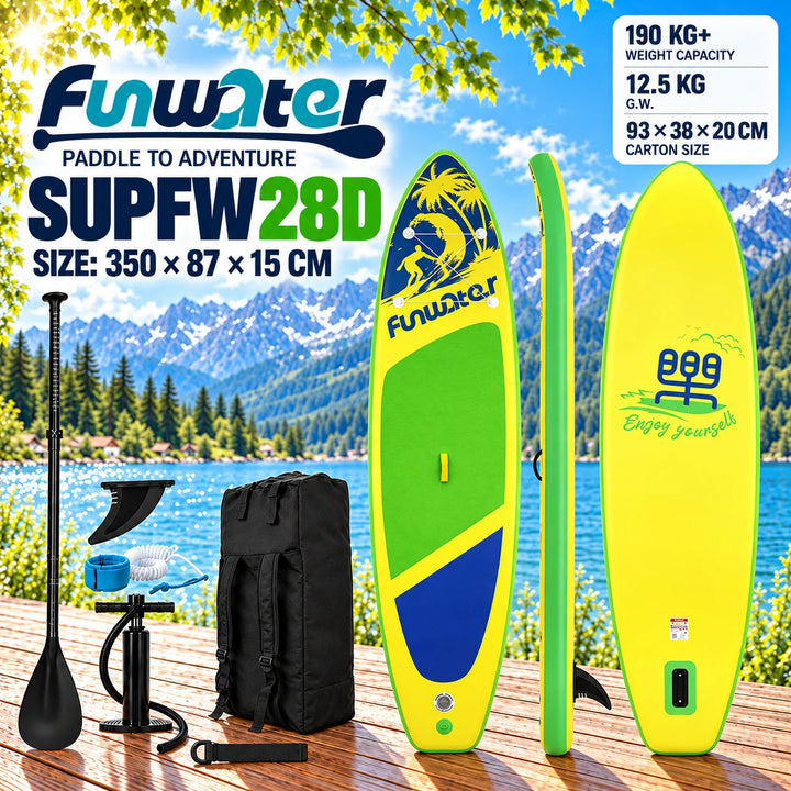 Paddle surf hinchable Funwater SUPFW28D, 350x87x15cm, 190kg+, tabla SUP amarilla, verde y azul con palmeras para rutas por aguas tranquilas, yoga, pesca y escapadas al lago, kit de accesorios incluido