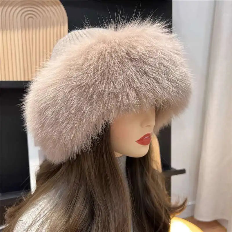 Gorro de piel de zorro para mujer, gorro con protección para los oídos grueso y cálido para invierno, gorro de piel de punto cálido para exteriores, gorros de bombardero de piel de zorro Real