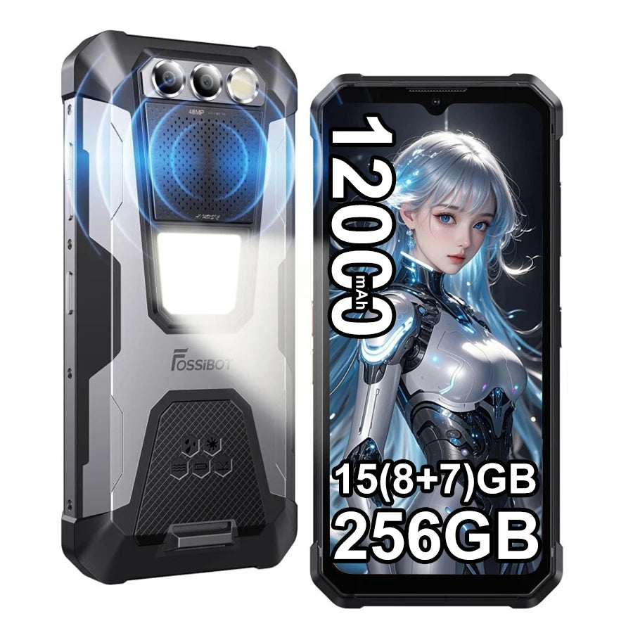 Smartphone ultrarresistente FOSSiBOT F106 Pro, 8 GB de RAM, 256 GB de ROM, 12000 mAh, pantalla de 6,58”, Android 14, altavoz potente, luz de camping, teléfono móvil